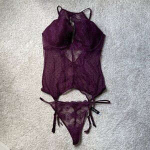 Adore Me Purple Mesh and Lace Garter Corset with G-string Underwear XL